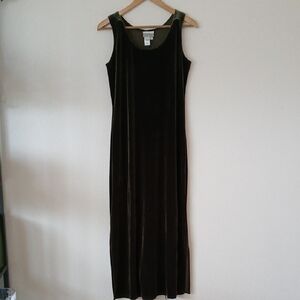Vintage Coldwater Creek Olive Green Velvet Maxi Dress Side Slits Sleeveless 90s